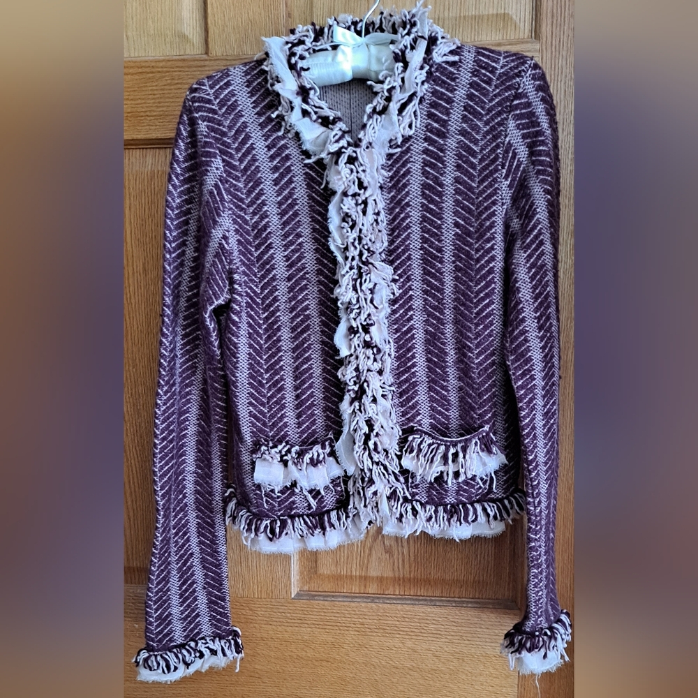 Anthropologie HWR Monogram Purple Herringbone Fringed Cardigan - Picture 3 of 8